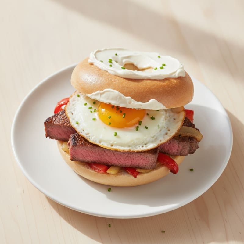 Seared Steak and Egg Bagel Sandwich with Cream Cheese and Sautéed Peppers