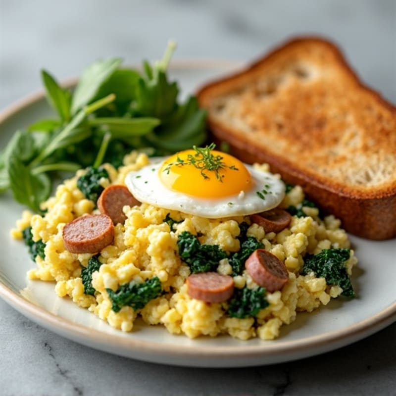 Egg White Scramble with Turkey Sausage and Sautéed Spinach