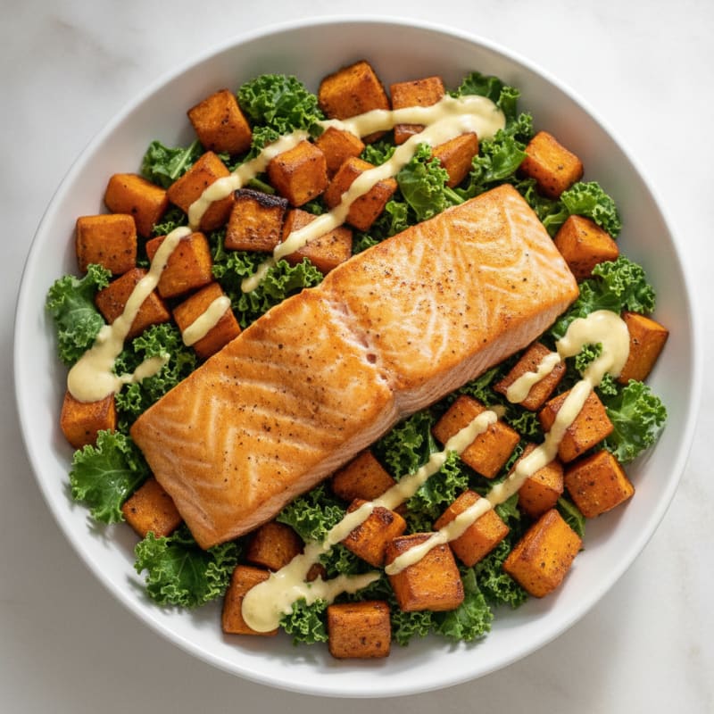 Salmon and Roasted Sweet Potato Bowl