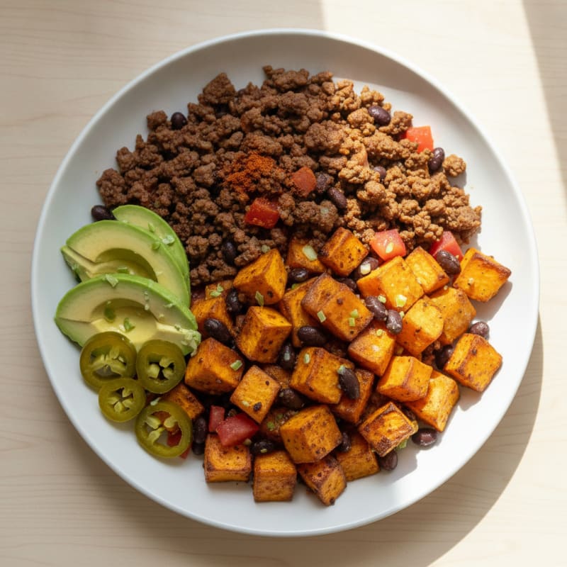 Lean Ground Beef and Roasted Sweet Potato Bowl