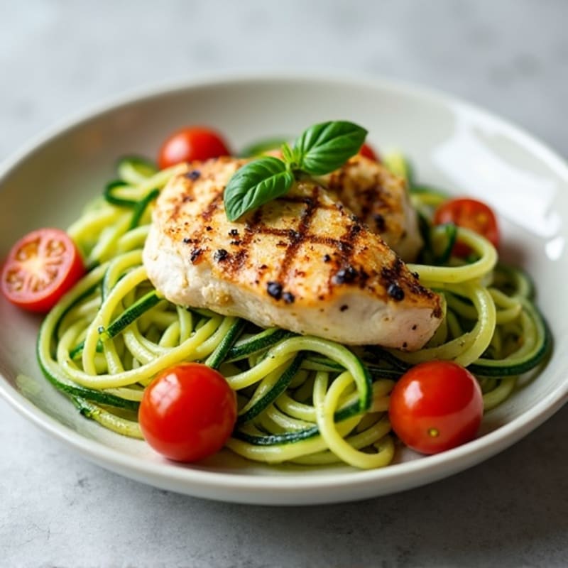 Fresh Zucchini Noodles with Creamy Basil Pesto and Roasted Cherry Tomatoes with Grilled Chicken