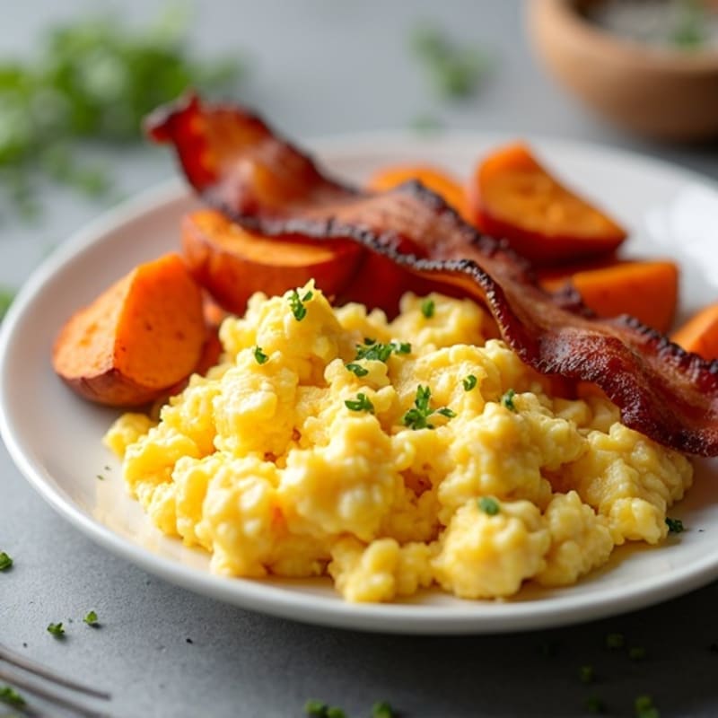 Fluffy Scrambled Eggs with Crispy Turkey Bacon and Roasted Sweet Potatoes