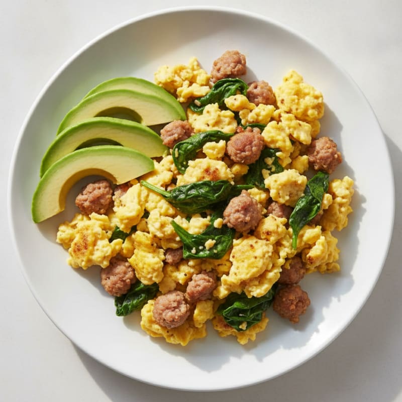 Scrambled Eggs with Turkey Sausage and Sautéed Spinach