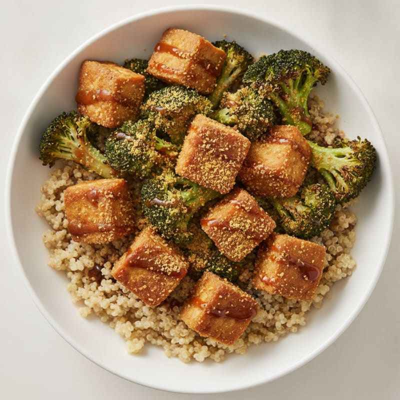 Crispy Tempeh Power Bowl with Quinoa and Roasted Broccoli