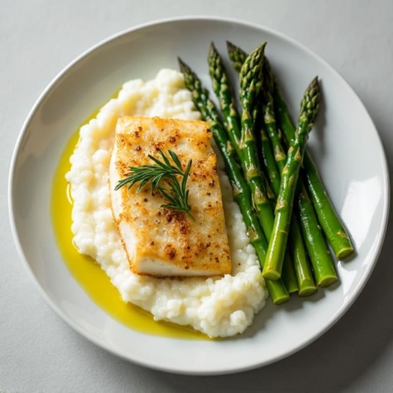 Baked Cod with Steamed Asparagus and Garlic Cauliflower Mash