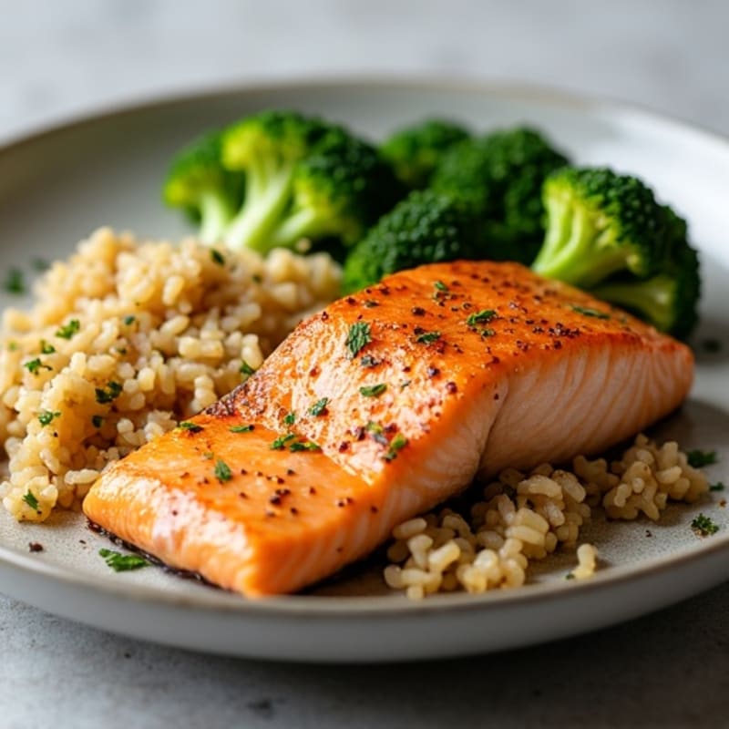 Seared Salmon with Garlic Broccoli and Brown Rice