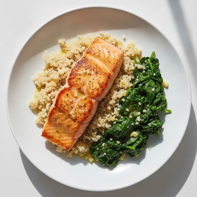 Seared Salmon with Garlic Spinach and Quinoa Pilaf