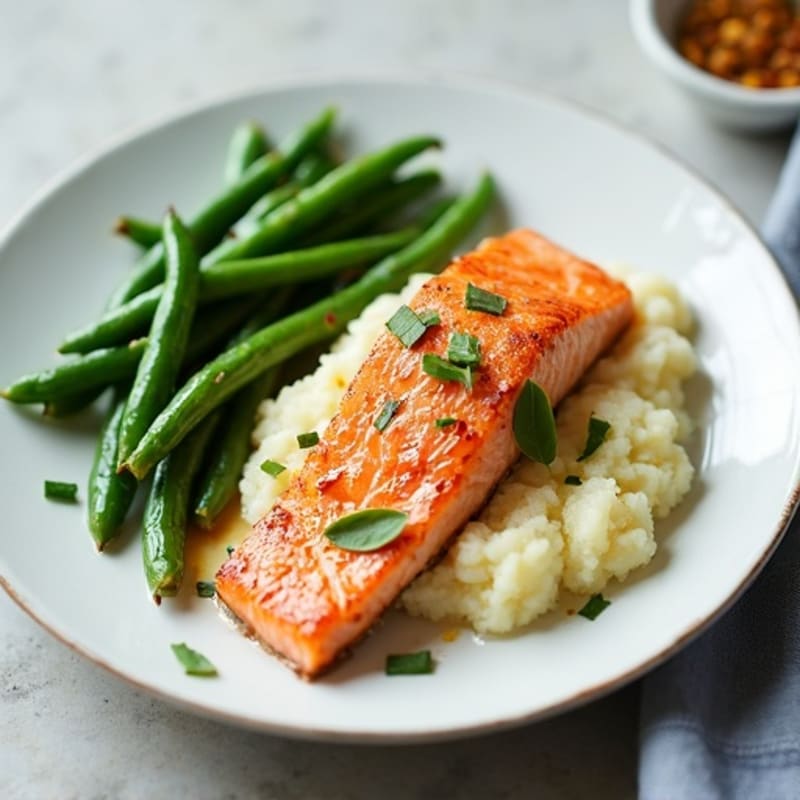 Seared Salmon with Steamed Green Beans and Garlic Mashed Potatoes