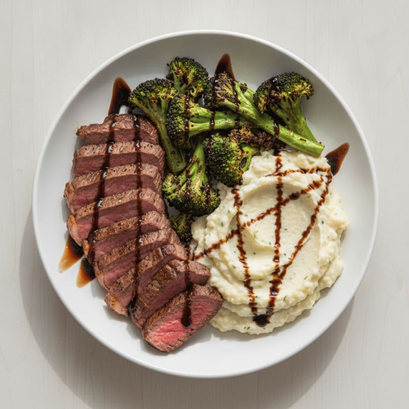 Seared Lean Beef and Roasted Broccoli with Garlic Cauliflower Mash