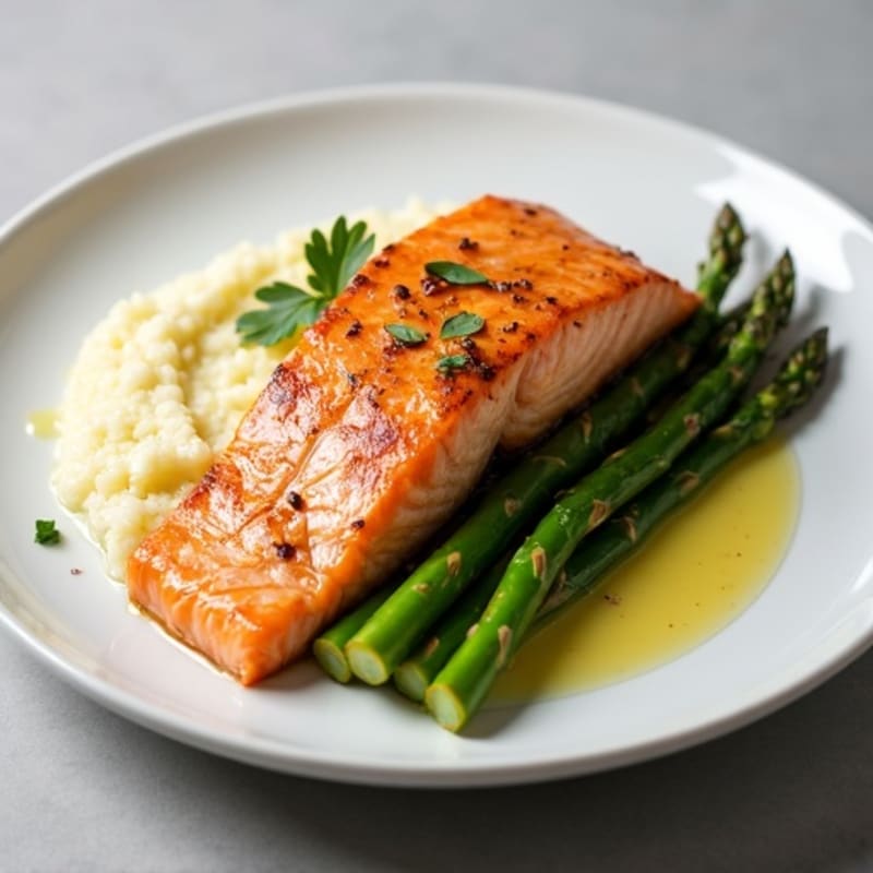 Seared Salmon with Steamed Asparagus and Cauliflower Mash