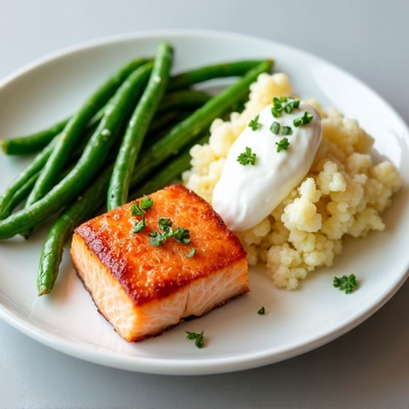 Seared Salmon with Steamed Green Beans and Garlic Mashed Cauliflower