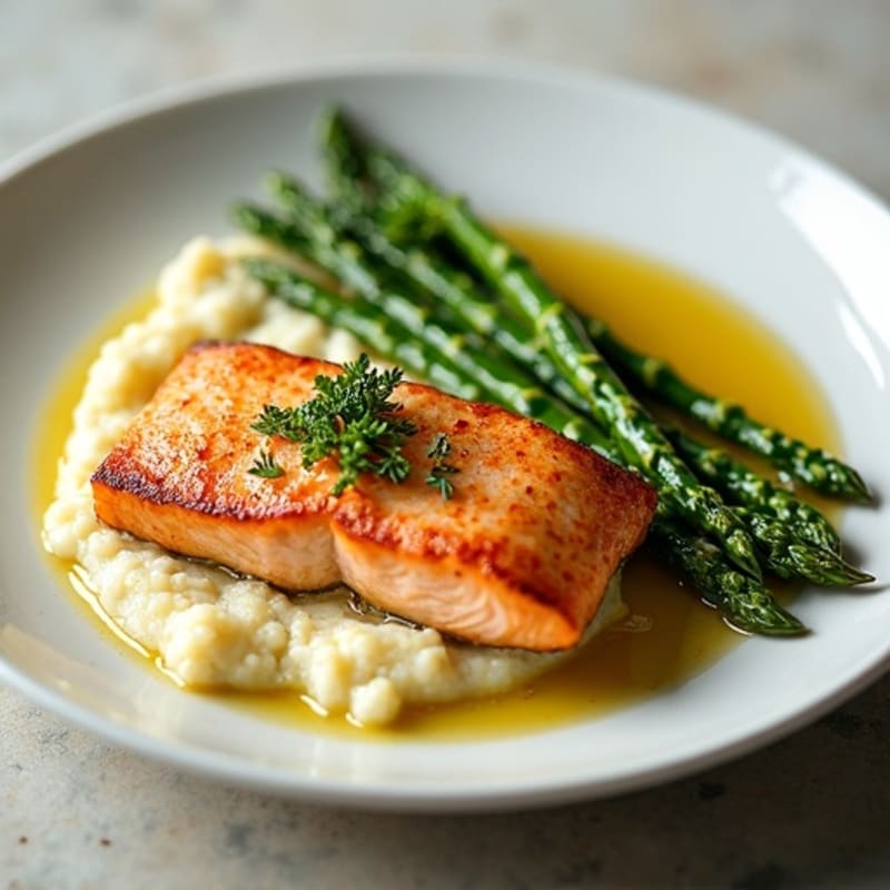 Seared Salmon with Steamed Asparagus and Cauliflower Mash