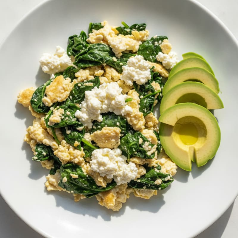 Egg White and Spinach Scramble with Cottage Cheese and Sliced Avocado