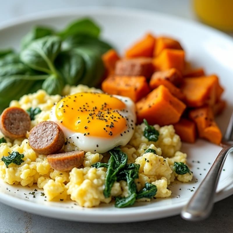 Egg White and Turkey Sausage Scramble with Spinach and Roasted Sweet Potato