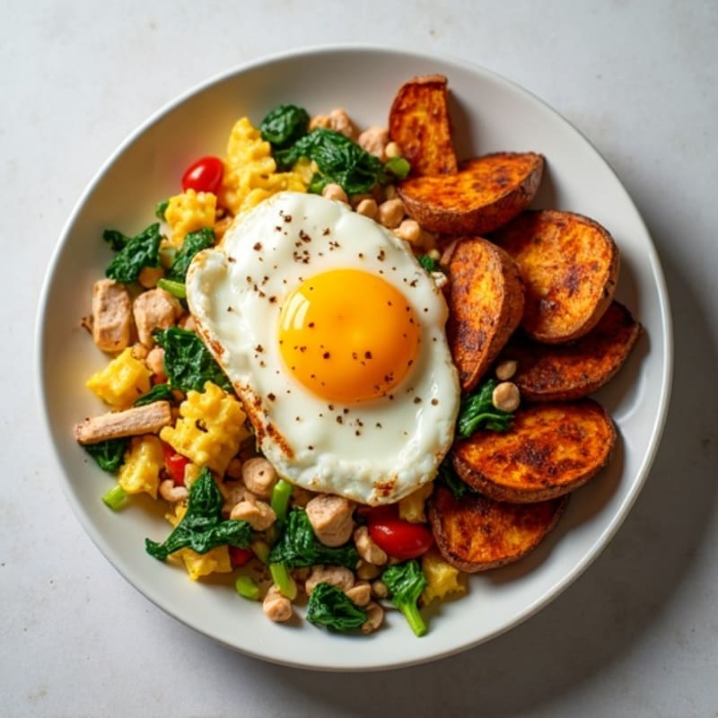 Fluffy Egg and Veggie Scramble with Crispy Sweet Potatoes