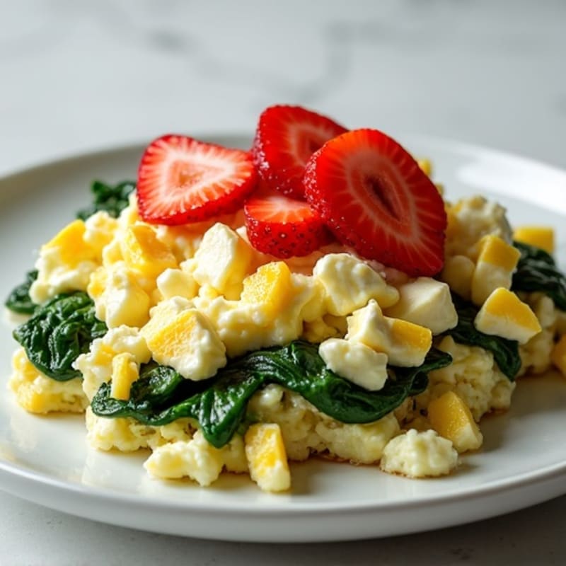 Egg White and Spinach Scramble with Cottage Cheese and Honey-Strawberry Topping