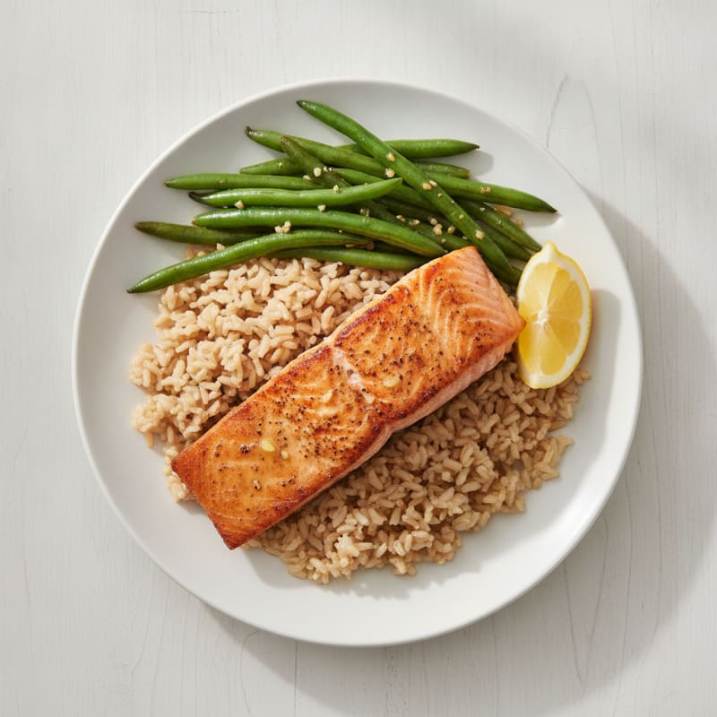 Seared Salmon with Garlic Green Beans and Brown Rice