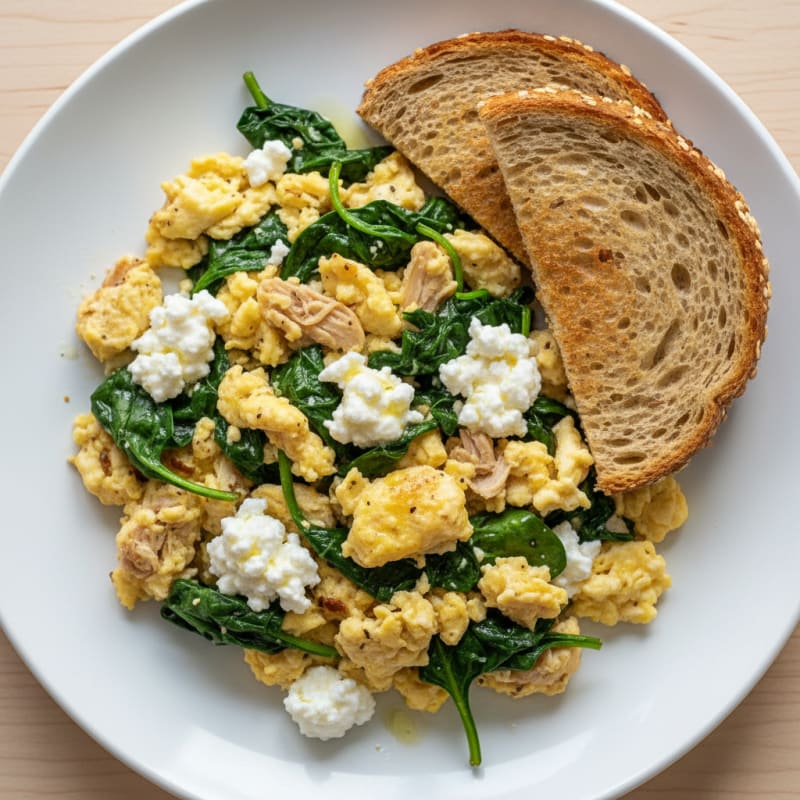 Cottage Cheese Egg Scramble with Roasted Turkey and Spinach