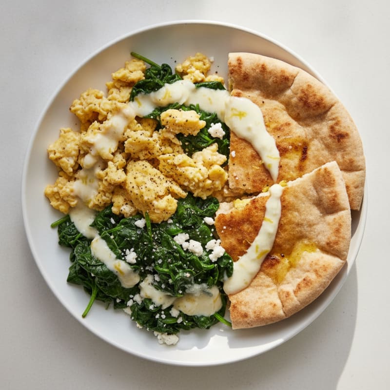Eggs with Wilted Spinach and Whole Wheat Pita