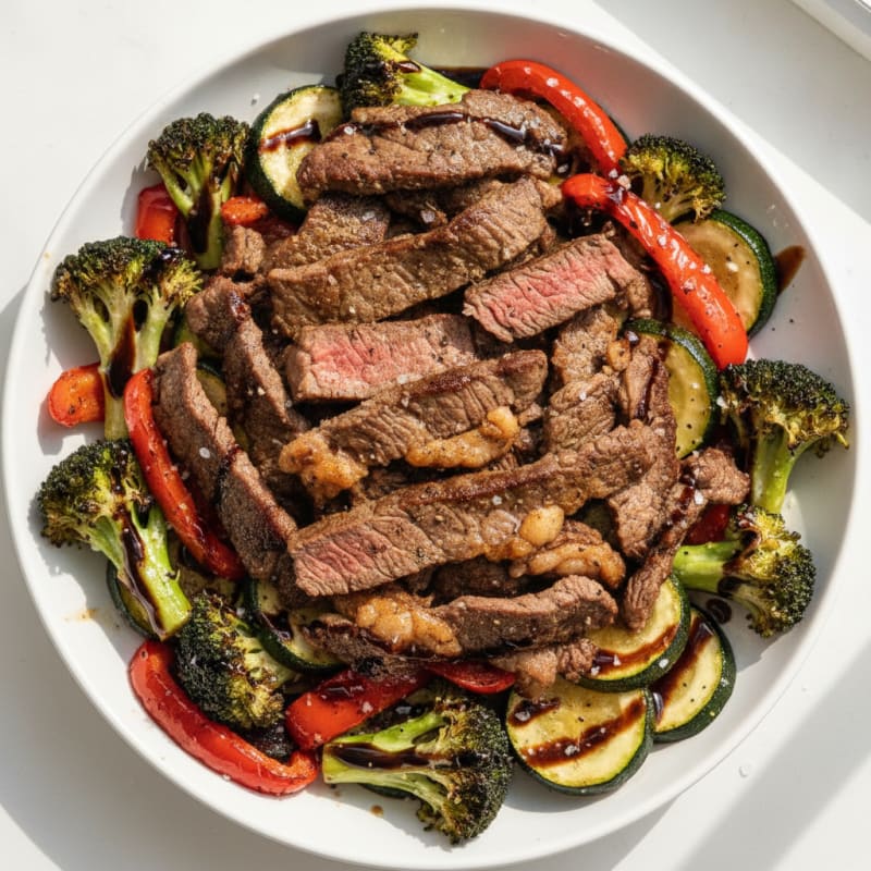 Savory Shaved Beef Steak with Balsamic Roasted Vegetables