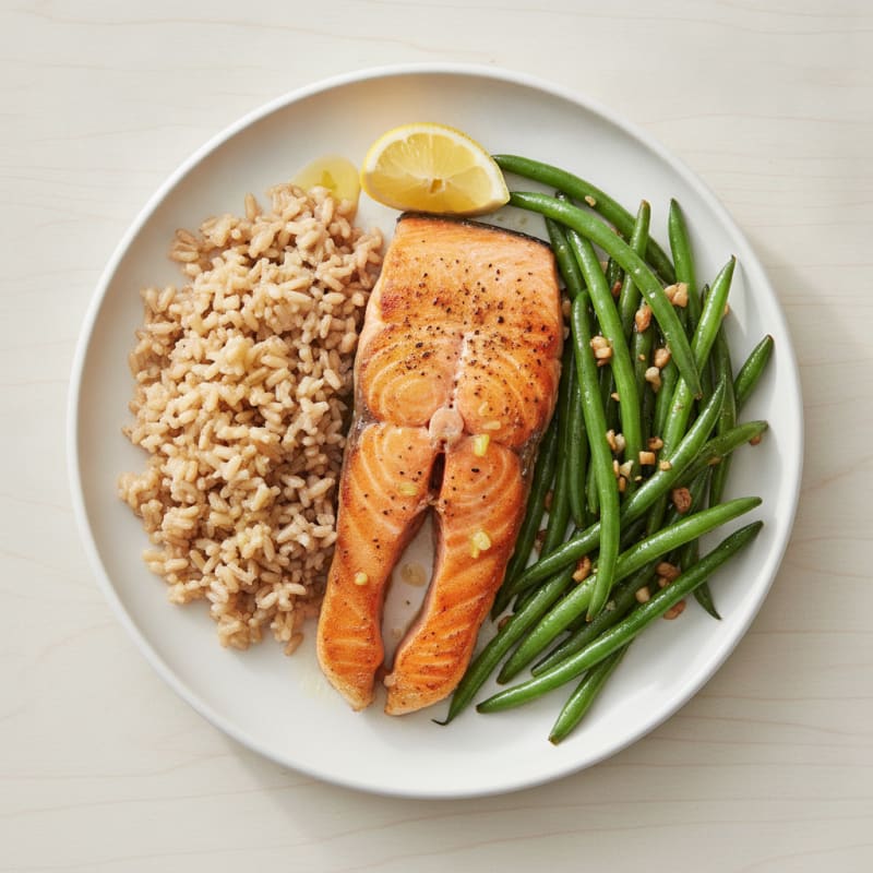 Seared Salmon Fillet with Garlic Green Beans and Brown Rice