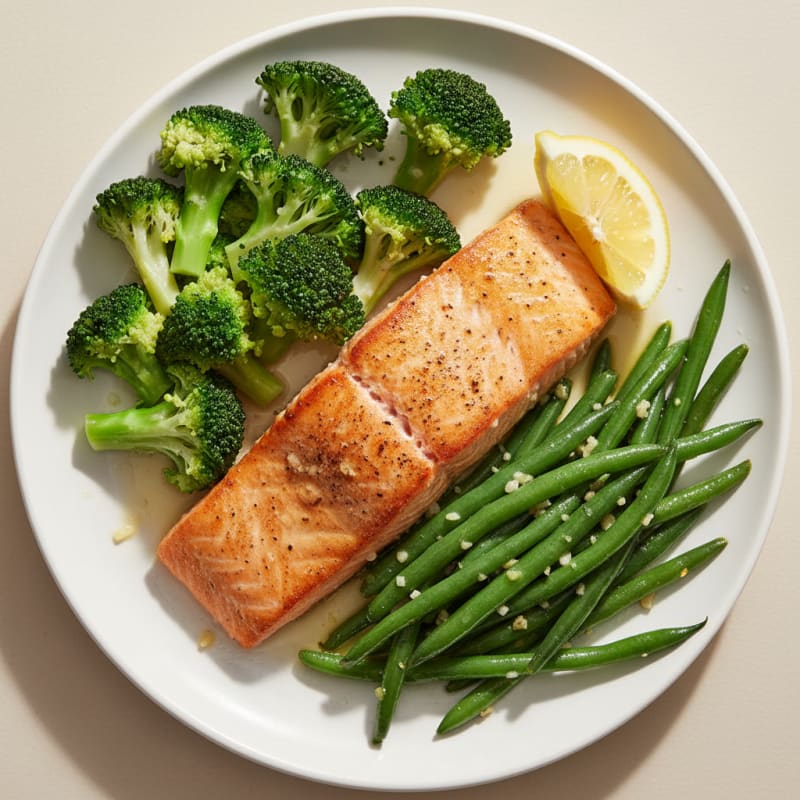 Seared Salmon with Steamed Broccoli and Garlic Green Beans