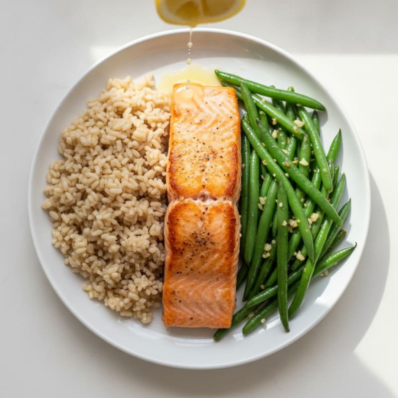 Seared Salmon with Garlic Green Beans and Brown Rice