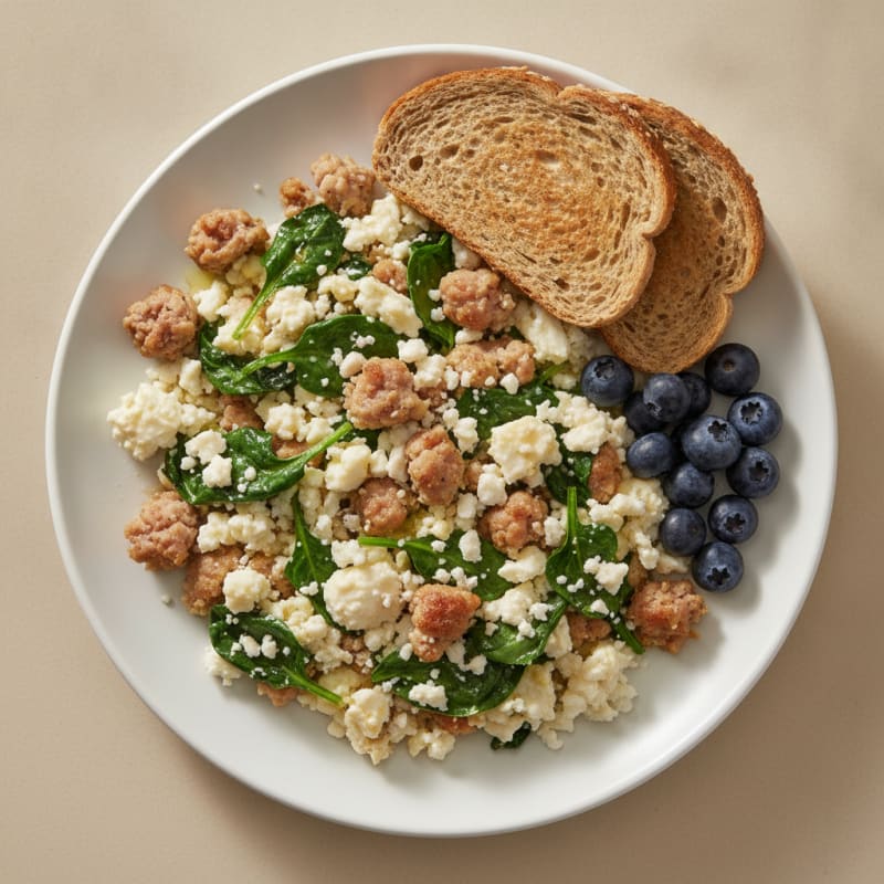 Egg White and Turkey Sausage Scramble with Spinach and Feta