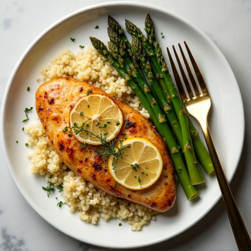 Lemon Garlic Pan-Seared Chicken with Crispy Roasted Asparagus and Fluffy Quinoa