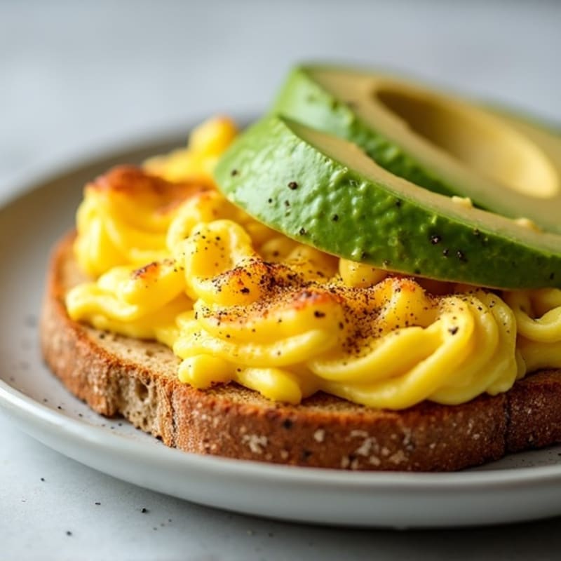 Scrambled Eggs with Crispy Sourdough and Fresh Avocado
