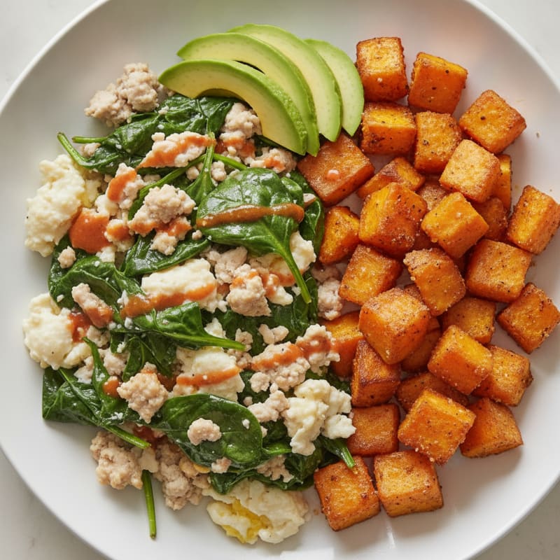 Egg White and Turkey Spinach Scramble with Roasted Sweet Potatoes