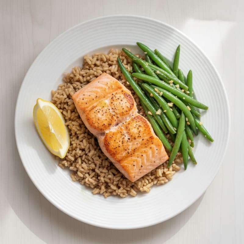 Seared Salmon with Brown Rice and Garlic Green Beans