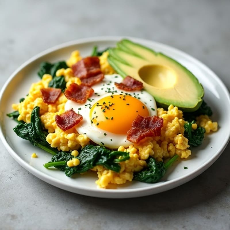 Egg White Scramble with Turkey Bacon and Sautéed Spinach
