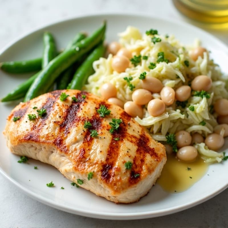 Grilled Chicken Breast with Shredded Cabbage and White Bean Salad