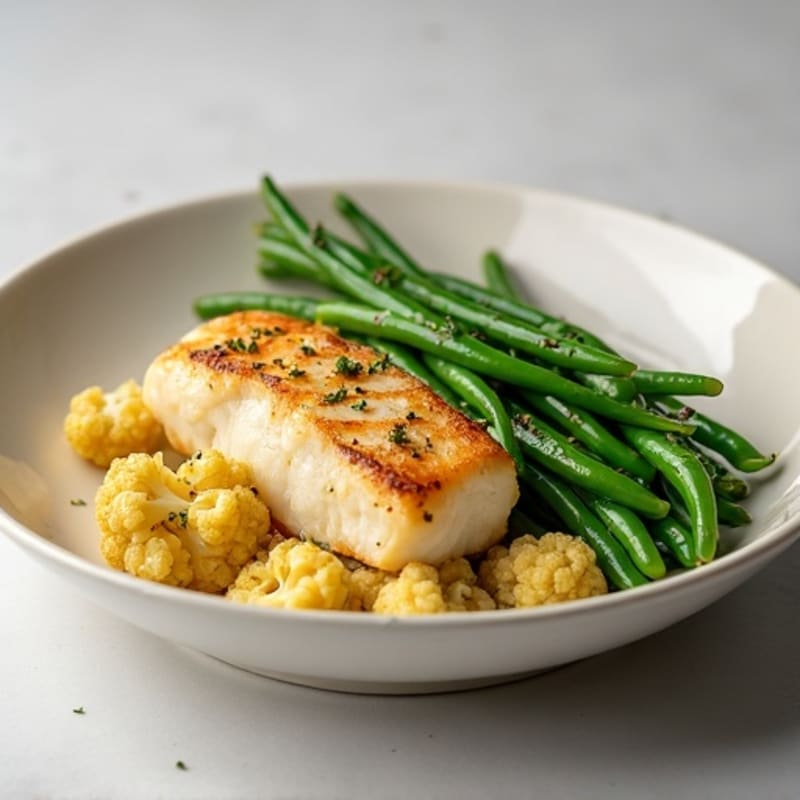 Seared Cod Fillet with Roasted Cauliflower and Garlic Green Beans