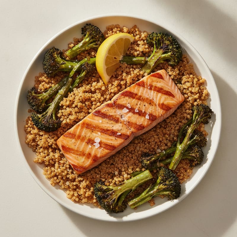 Grilled Salmon with Crunchy Quinoa and Roasted Broccoli