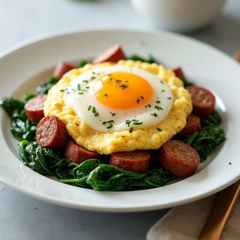 Egg White and Turkey Sausage Scramble with Sautéed Spinach