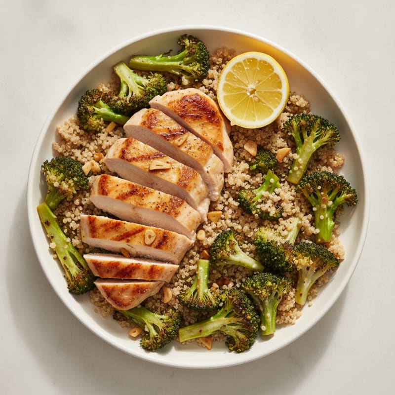 Seared Chicken Breast with Roasted Broccoli and Quinoa