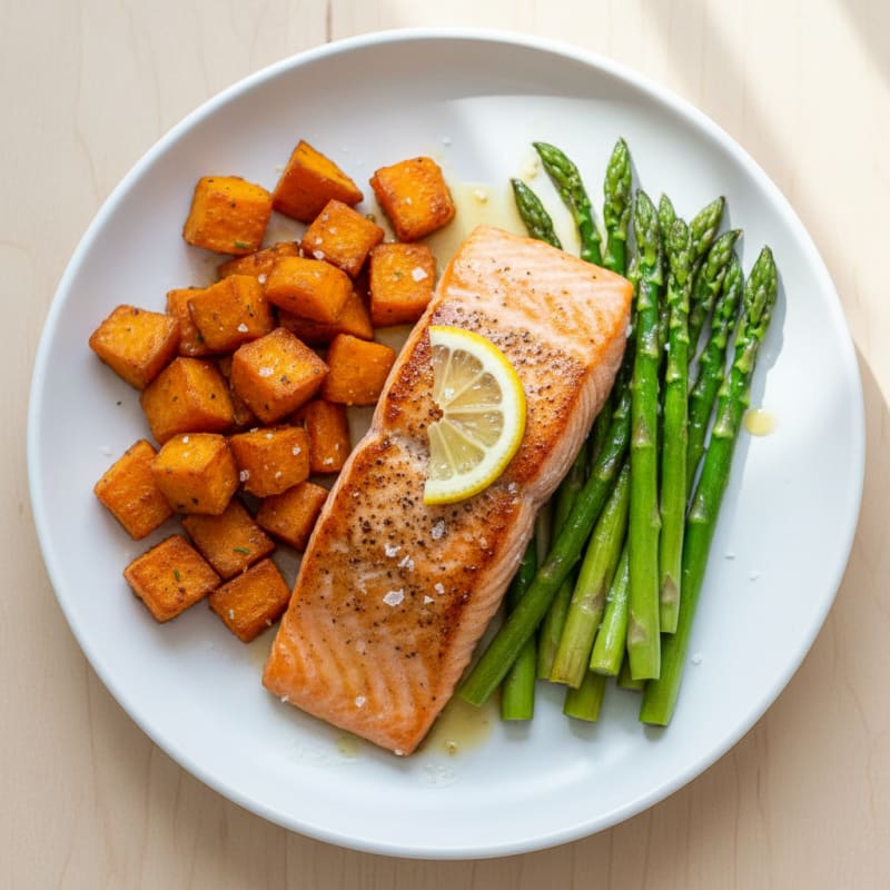 Seared Salmon Fillet with Roasted Sweet Potato and Asparagus