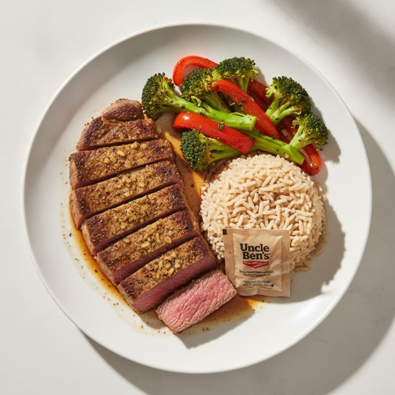 Seared Steak with Seasoned Roasted Vegetables and Uncle Ben’s Rice