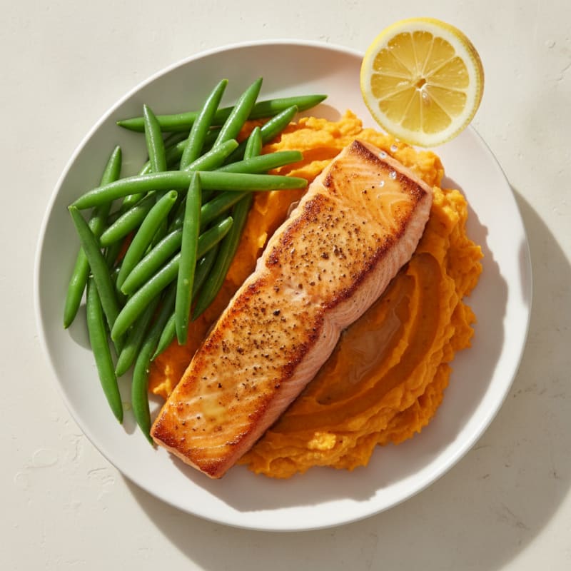 Seared Salmon with Steamed Green Beans and Mashed Sweet Potato