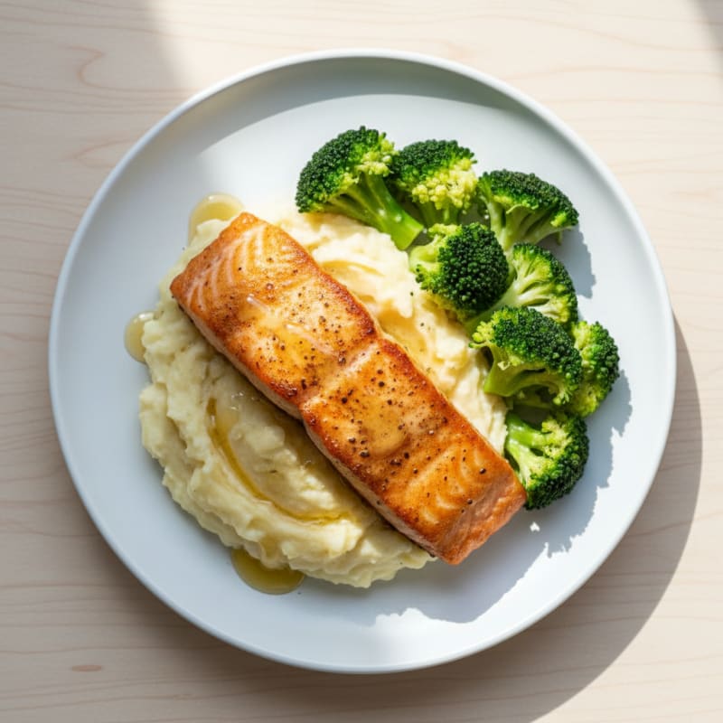Seared Salmon with Creamy Garlic Mashed Potatoes and Steamed Broccoli