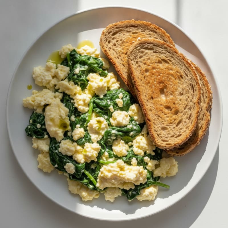 Scrambled Eggs with Cottage Cheese and Sautéed Spinach