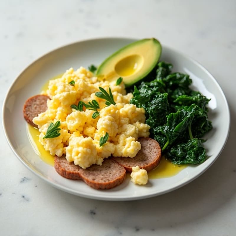 Egg White Scramble with Turkey Sausage and Sautéed Spinach