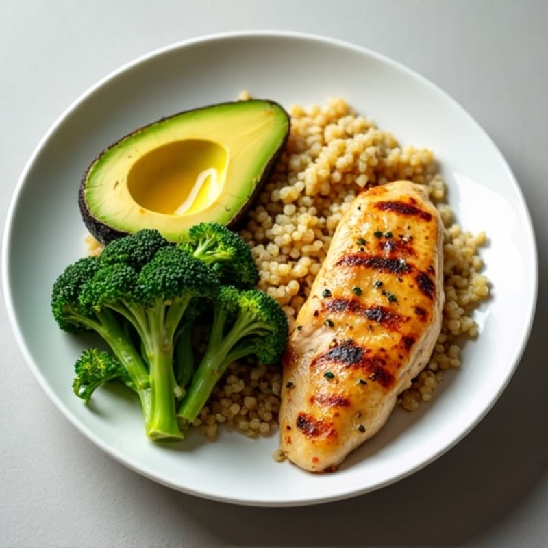 Grilled Chicken Breast with Quinoa, Steamed Broccoli & Avocado Olive Oil Drizzle