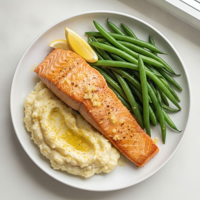 Seared Salmon with Steamed Green Beans and Cauliflower Mash