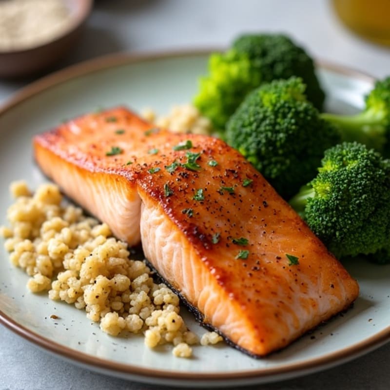 Crispy Pan-Seared Salmon with Quinoa and Roasted Broccoli