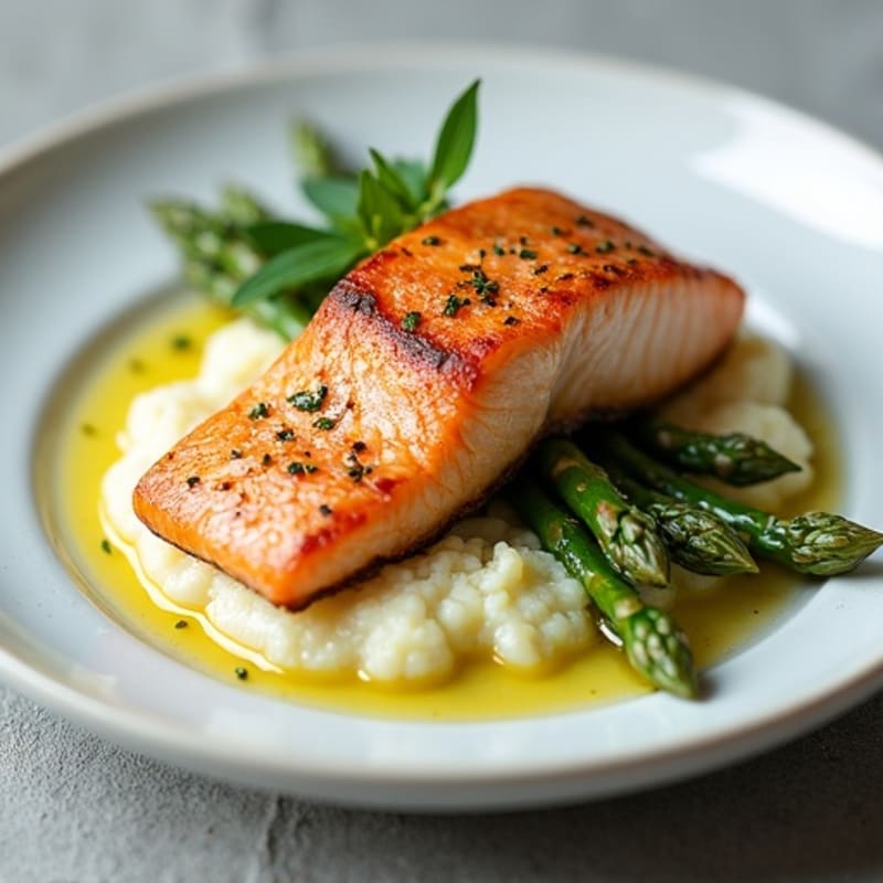 Seared Salmon Fillet with Roasted Asparagus and Cauliflower Mash