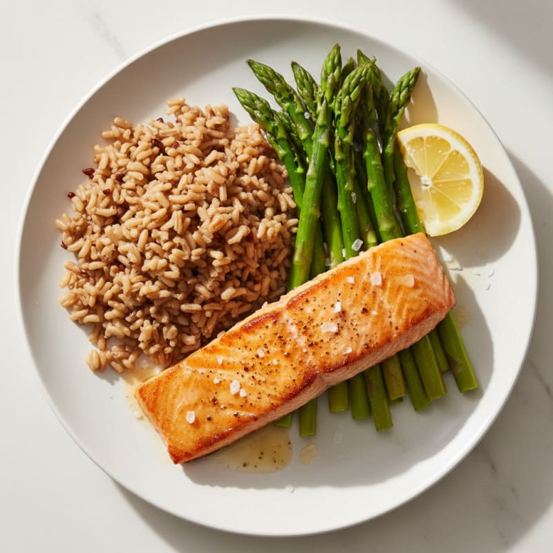 Seared Salmon with Steamed Asparagus and Brown Rice