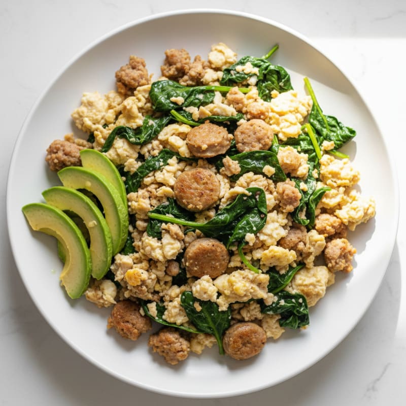 Egg White and Turkey Sausage Scramble with Sautéed Spinach
